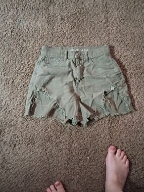 American Eagle Outfitters Olive Green Distressed High-Rise Denim Shorts
